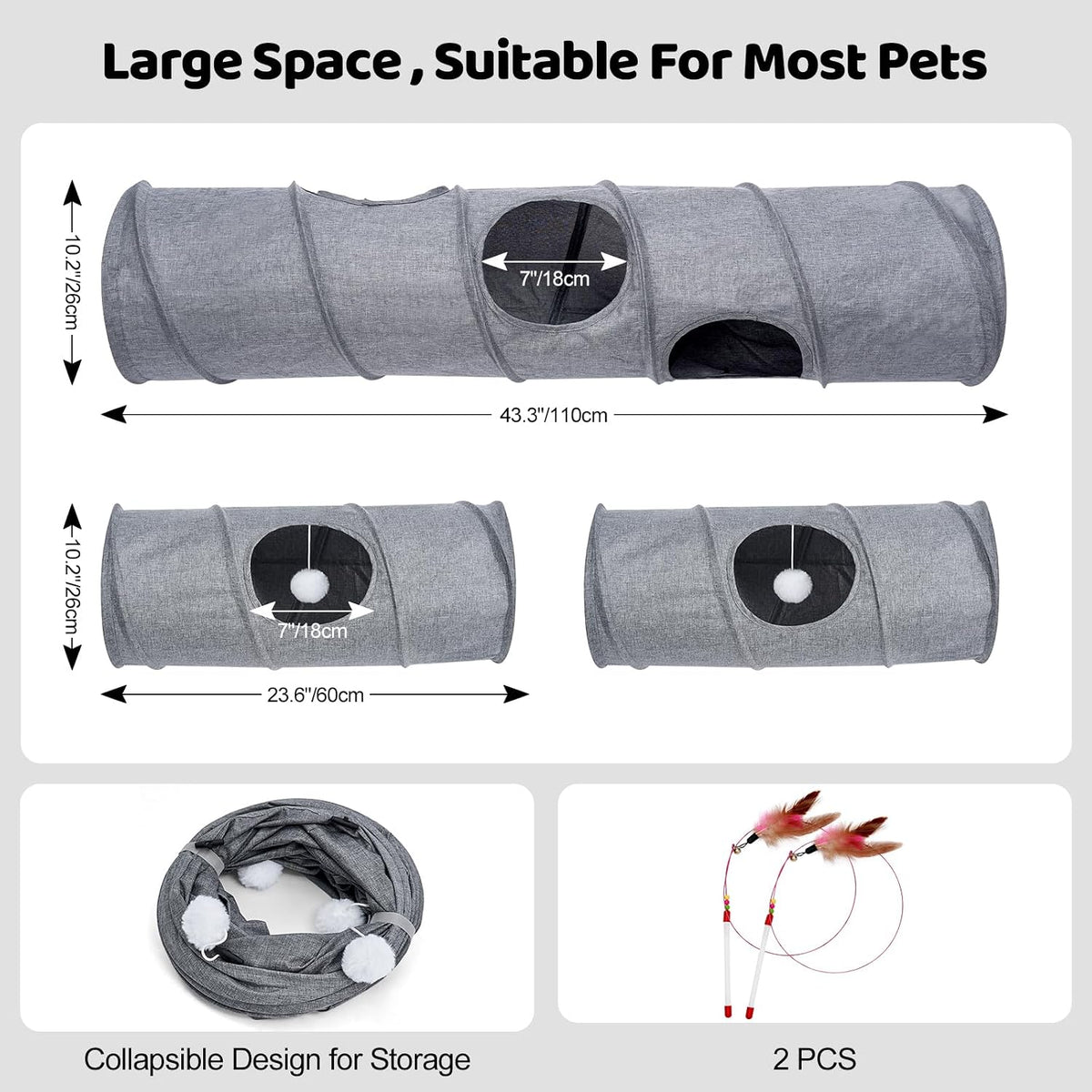 Cat Tunnel, 3 Straight Shaped Tunnels 6 DIY Shapes with Wand Toys, No Noise Scratch Resistant Cool Linen Fabric, Interac