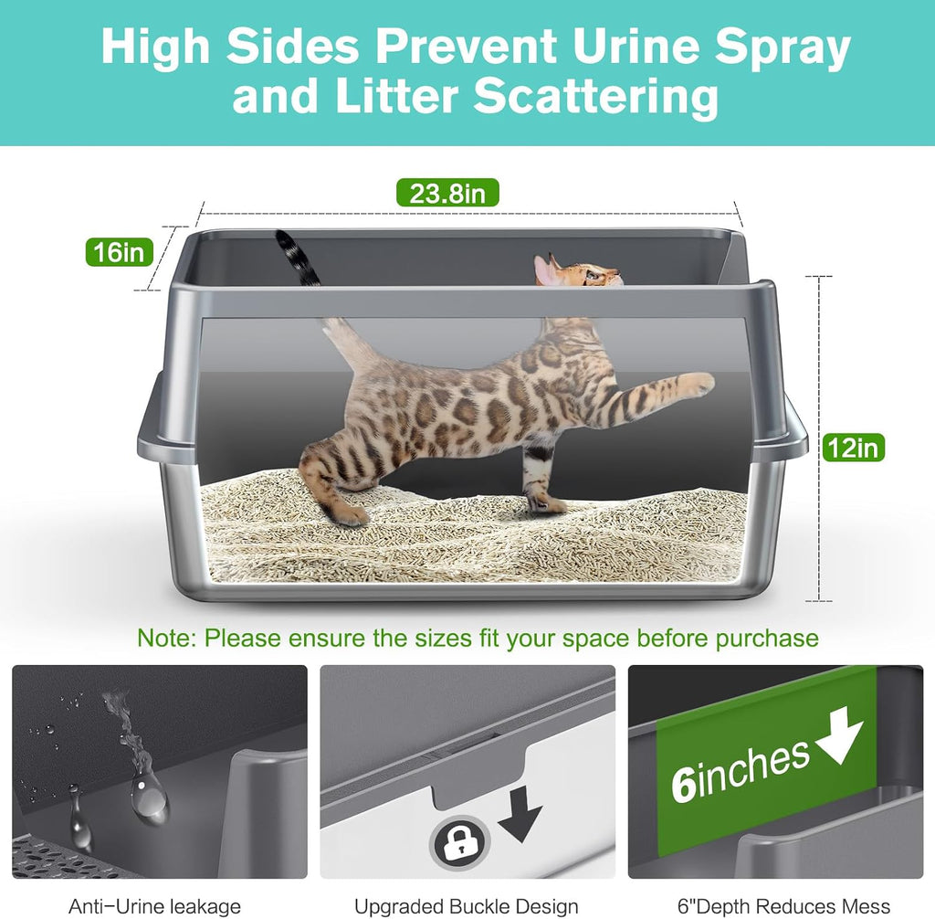 2PACK Stainless Steel Cat Litter Box with High Sides Lid, Extra Large XL Litter Box for Big Cats, Metal Kitty Litter Box
