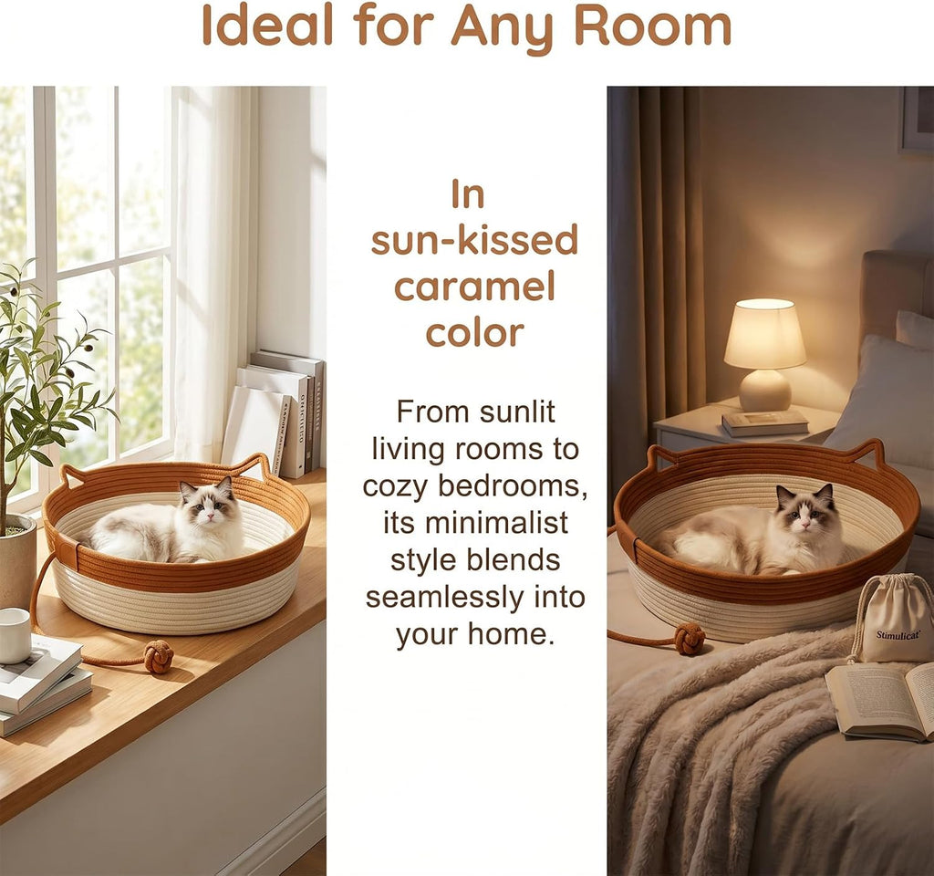 Hand-Woven cat Bed Basket with a Hanging Ball for Better Breathability (Caramel, Large)