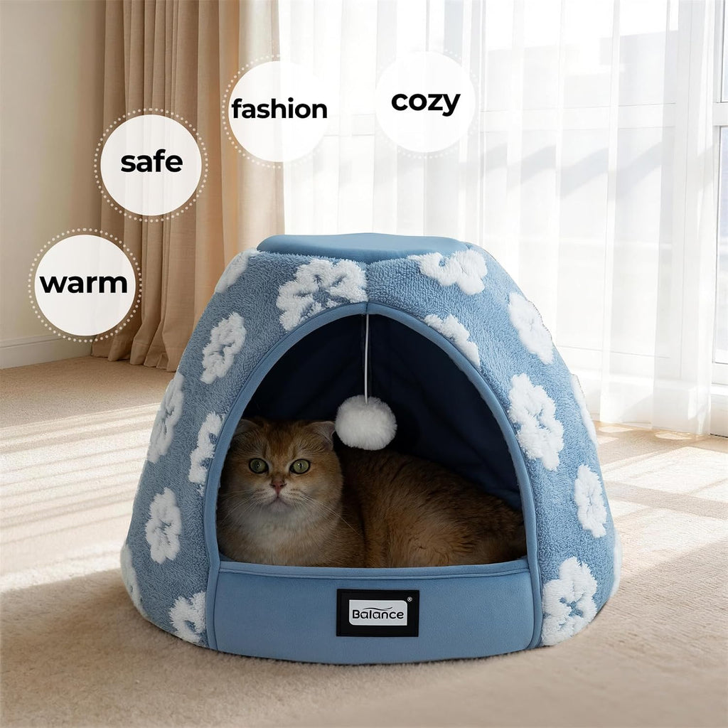 BALANCE Cat Beds for Indoor Cats, 2-in-1 Cat Bed Cave with Anti-Slip Bottom and Ultra-Soft Plush, Cozy Cats House Tent f