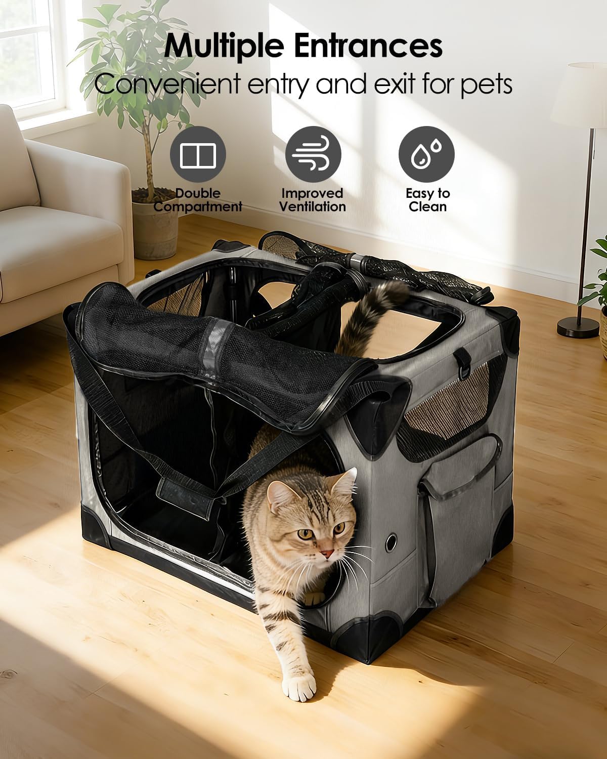 FuzzyNest Large Cat Carrier for 2 Cats, 24x17x17 in, Metal Frame, Gray