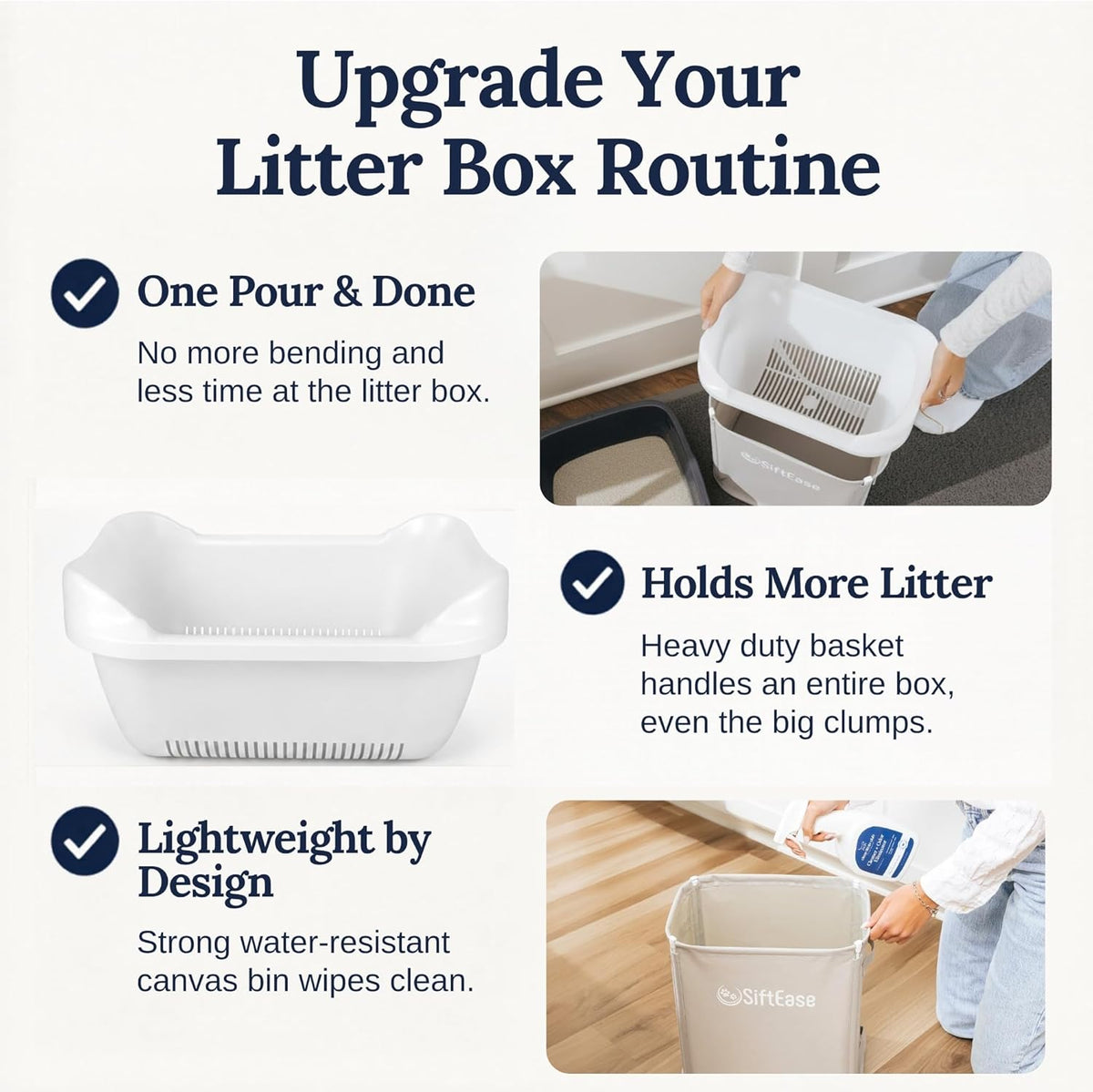 SiftEase Cat Litter Sifter with Bin, Fast Scoop-Free Litter Box Cleaning