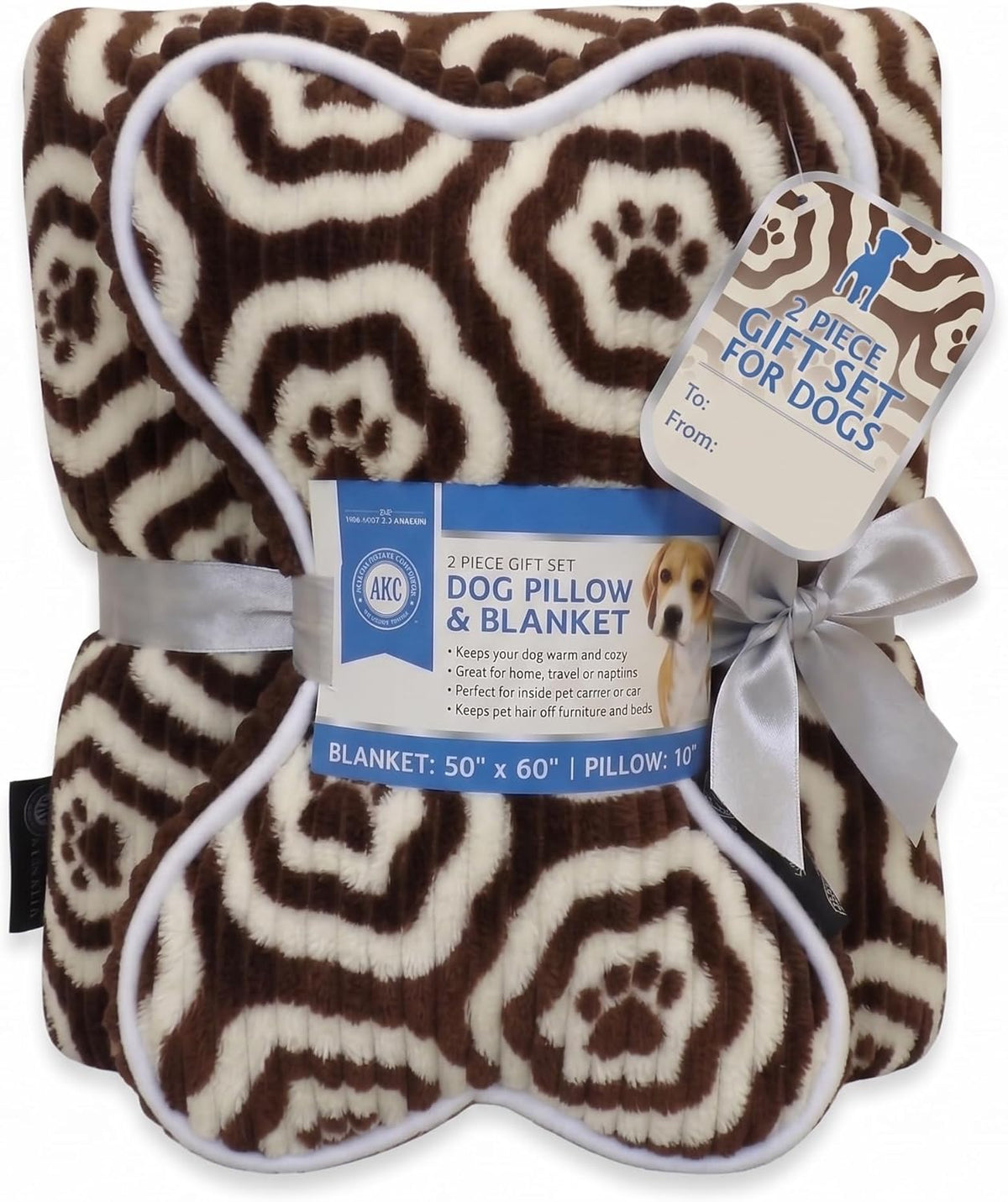 American Kennel Club 60''x50'' Pet Blanket & 10'' Pillow Set, Warm Plush Blanket for Dogs & Cats - Paw Print - Brown