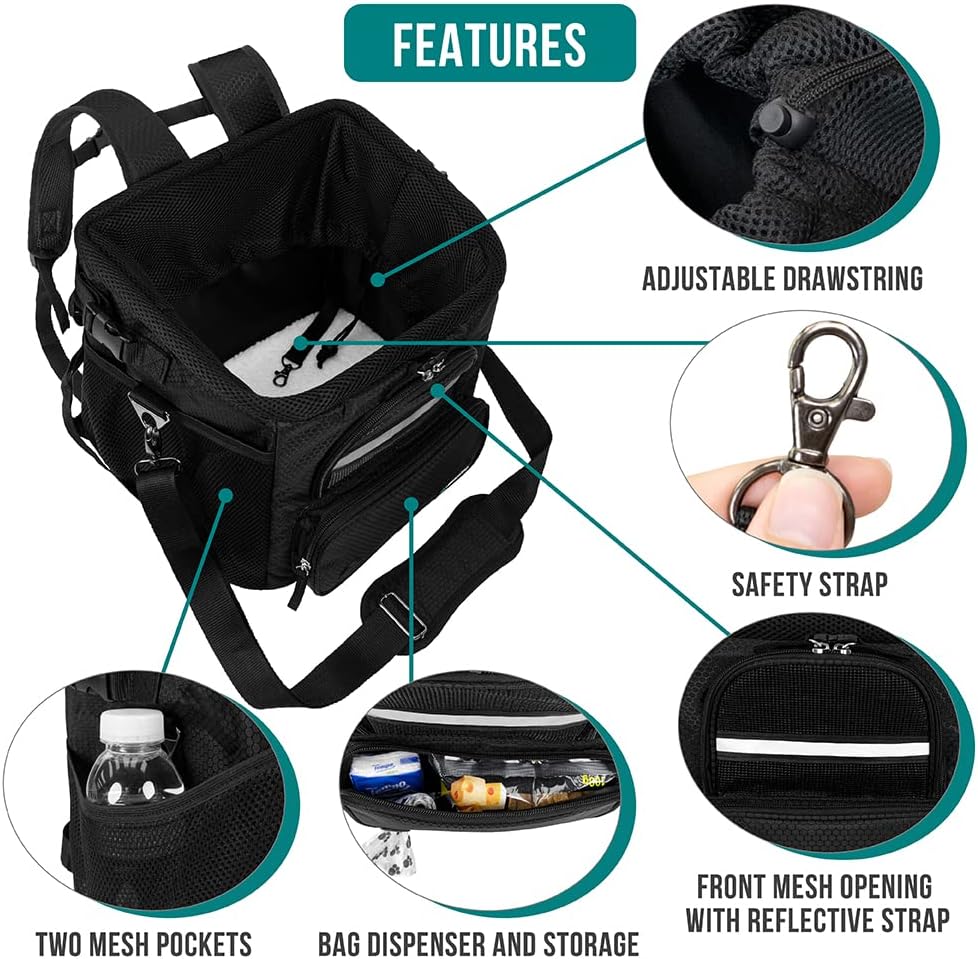 PetAmi Dog Bike Basket, Soft-sided Ventilated Pet Carrier Backpack, Black