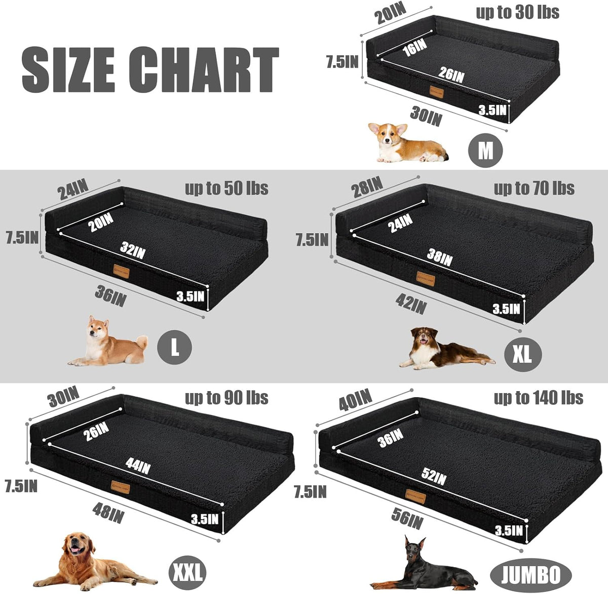 Patas Lague Orthopedic Large Dog Bed Washable Pet Sofa Bed 36''X24'' Black