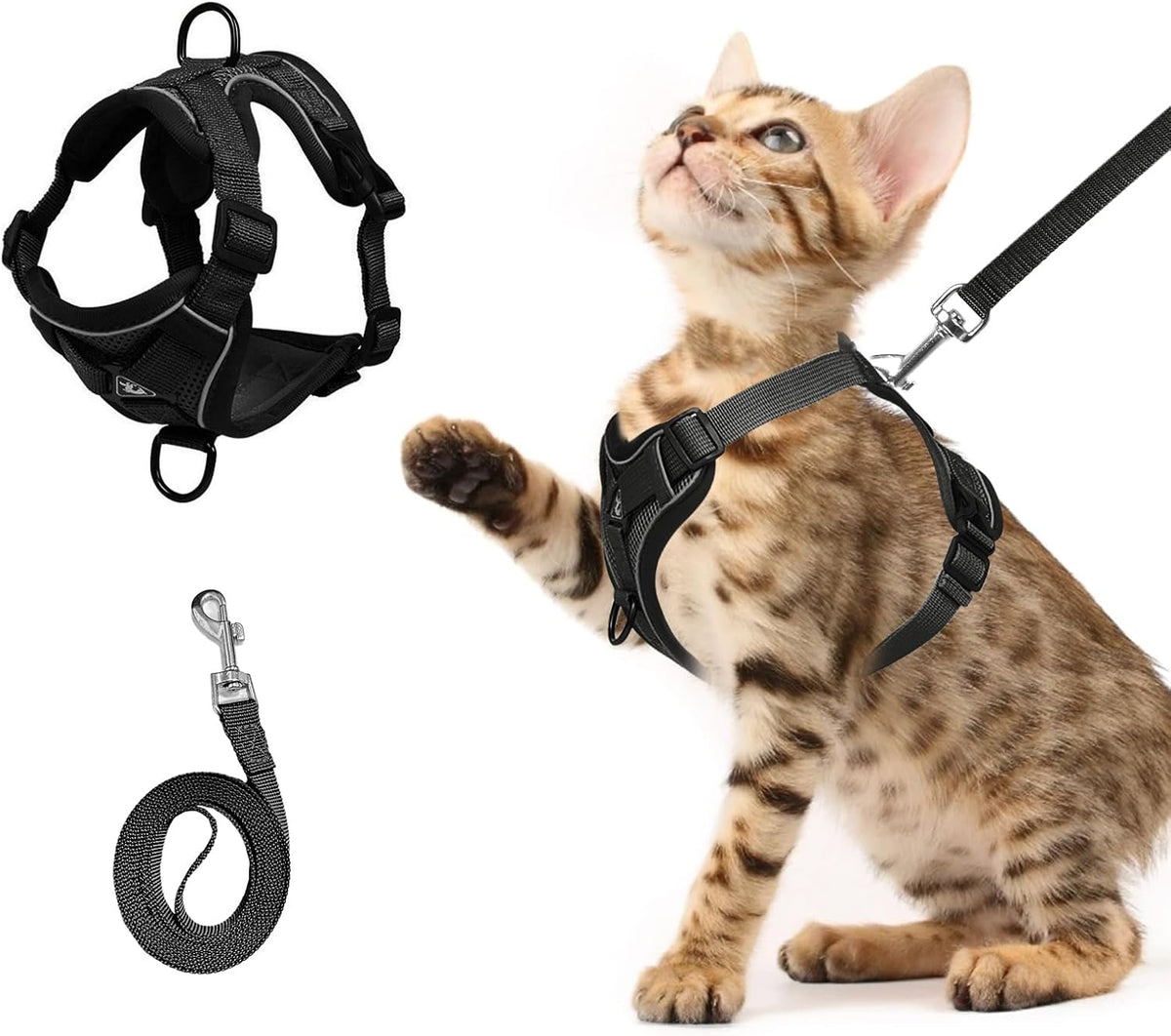 shudyear Cat Chest Harness and Leash Set Adjustable Anti-Escape Soft Mesh Cat Vest for Walking Outdoor(Blcak, M)