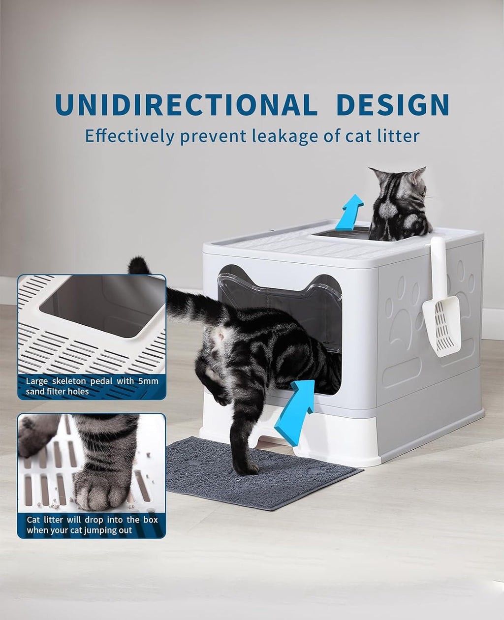 Cat Litter Box with Litter Mat and Scoop (Grey)