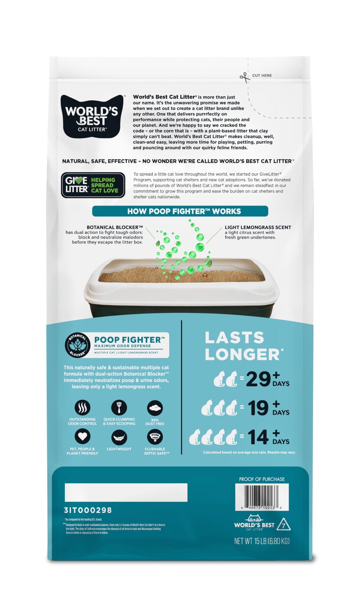 World's Best Cat Litter Poop Fighter, Urine & Poop Odor Defense, 15 lb Bag
