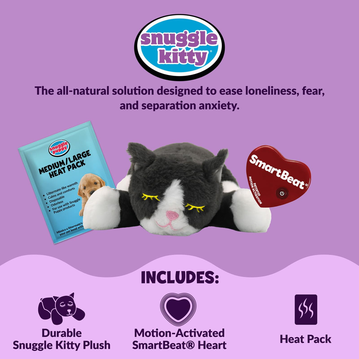 Snuggle Kitty Heartbeat Cat Toy, Calming Comfort, Kittens - Grey and White