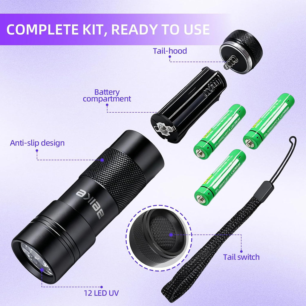 UV Flashlight Black Light–Small Portable Mini 12 LED Blacklight Flashlight for Hidden Stain Detection in Room, Resin Cur