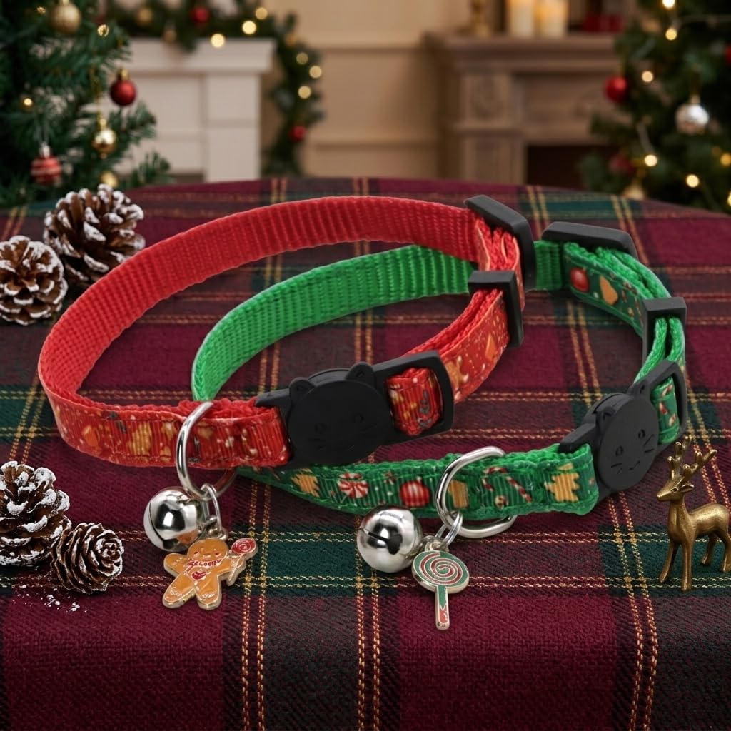 Christmas Cat Collar, 2 Pack Nylon Breakaway Cat Collar with Bells, Xmas