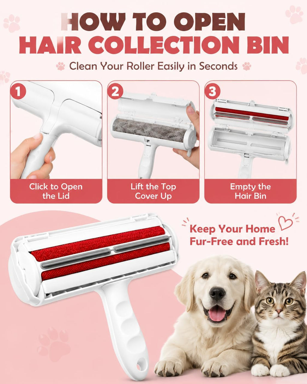 Reusable Pet Hair Remover Roller for Dog & Cat Hair, Self Cleaning, White