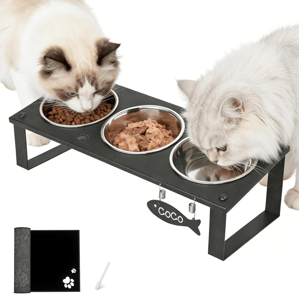Elevated Cat Bowls with Splash Proof Mat for Kitten Puppy, 10° Tilted Raised Cat Bowl Stand Anti-Vomiting, 2 Wide Shallo