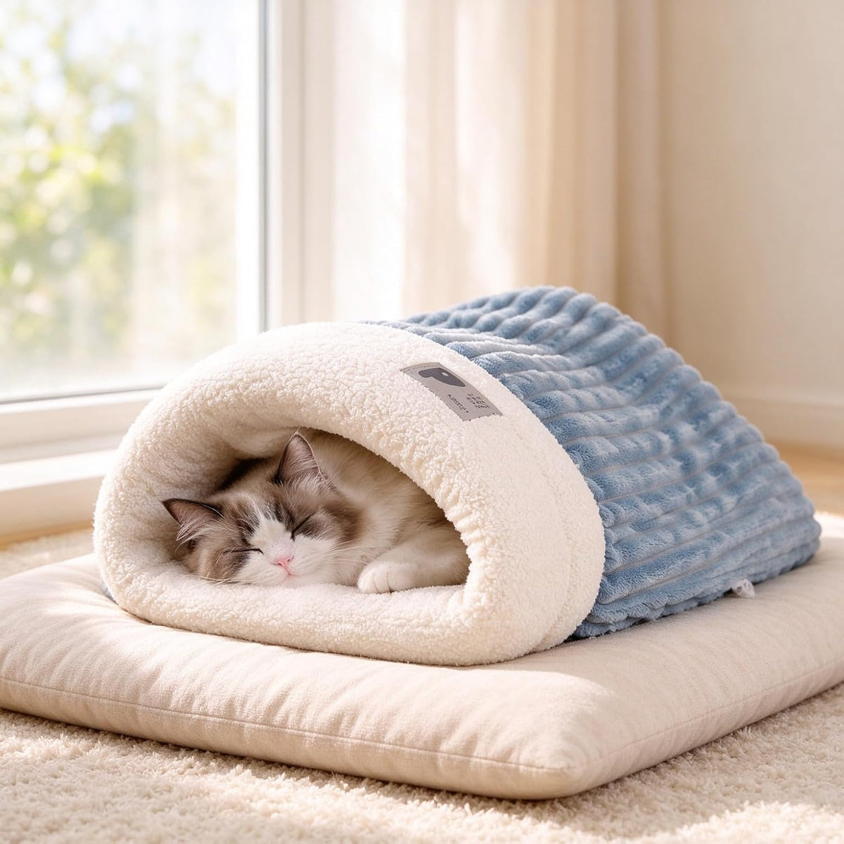 2Pcs Cozy Cat Cave Bed Warm Plush Enclosed Cat Sleeping Bag for Indoor Cats