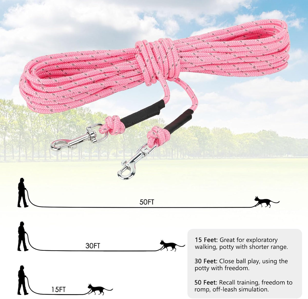 Reflective Cat Long Leash 15 FT, Outdoor Backyard Cat Tie Out Lead, Pink