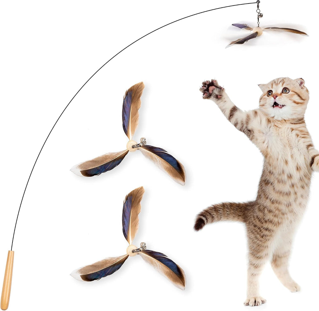 JXFUKAL Cat Wand Toys, Interactive Cat Toys with 3 Feather Refills, 29'' Flexible Steel Wire, Sturdy Wood Handle & Bell 
