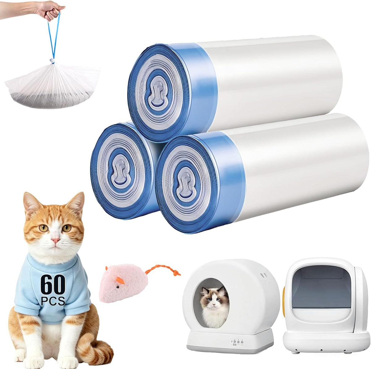 120 Count Drawstring Cat Litter Bags Compatible with MW-SC01/SC02/SC09/LR01