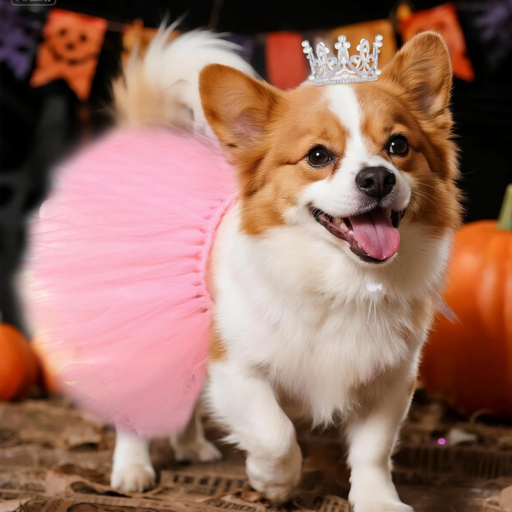 2 Pcs Dog Tutu Dress with Pearl Crown for Small Medium Pet Cat Dog Halloween Costume Dress for Ballet Birthday Party Wed