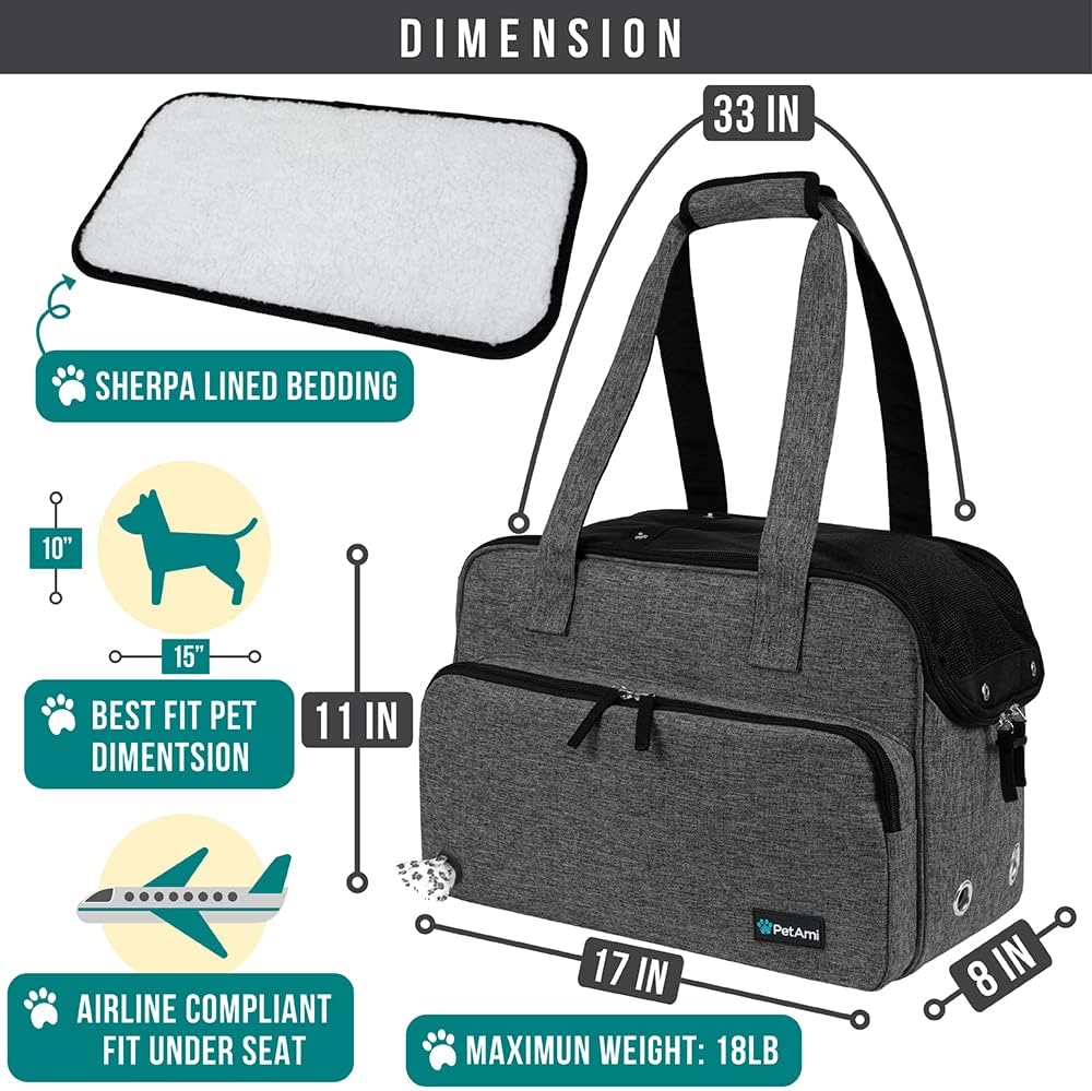 PetAmi Small Dog Purse Carrier, Airline Approved Soft Sided Tote, Dark Gray