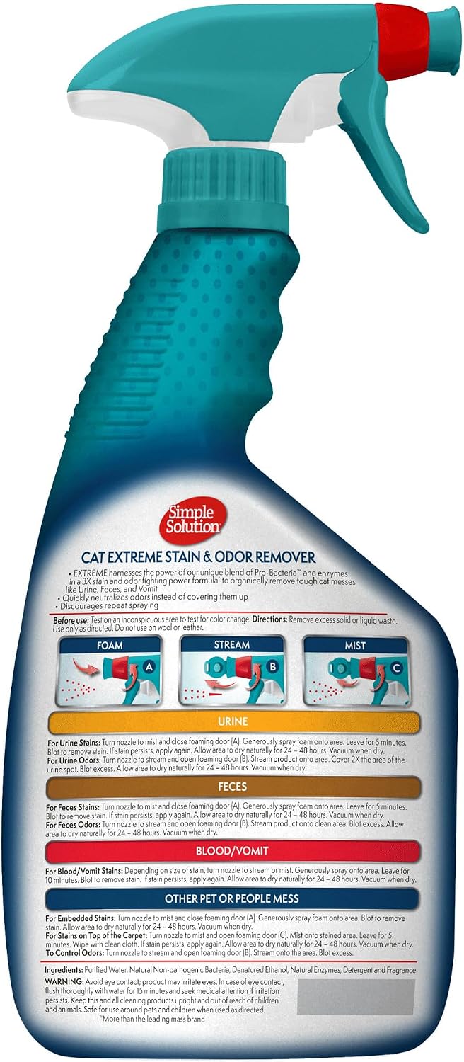 Simple Solution Extreme Cat Stain Remover, Cat Spray Odor Eliminator, 32oz