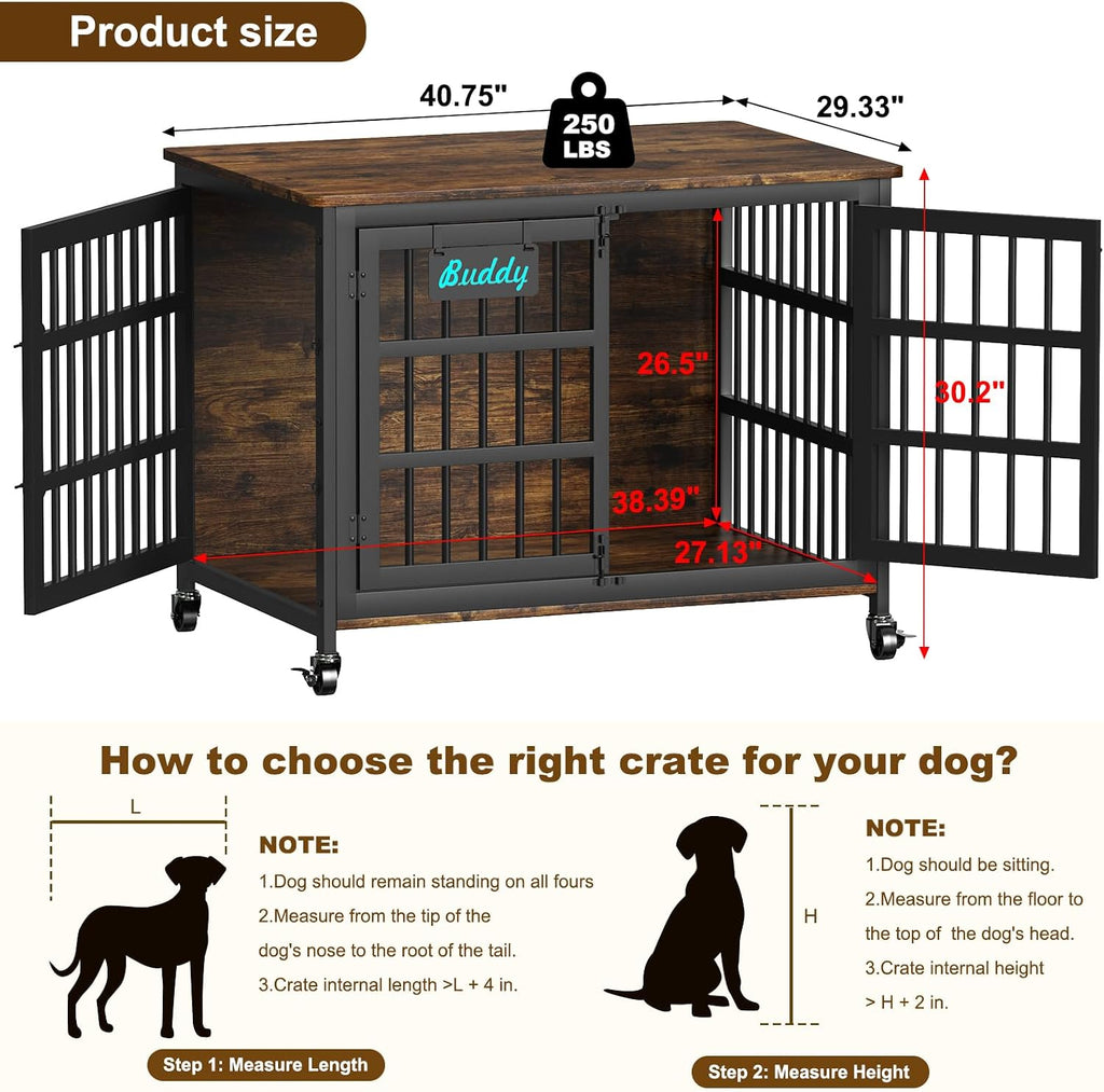 EasyCom 41''Dog Crate Furniture with Wheels, Dog Cage for Medium Dogs DC103