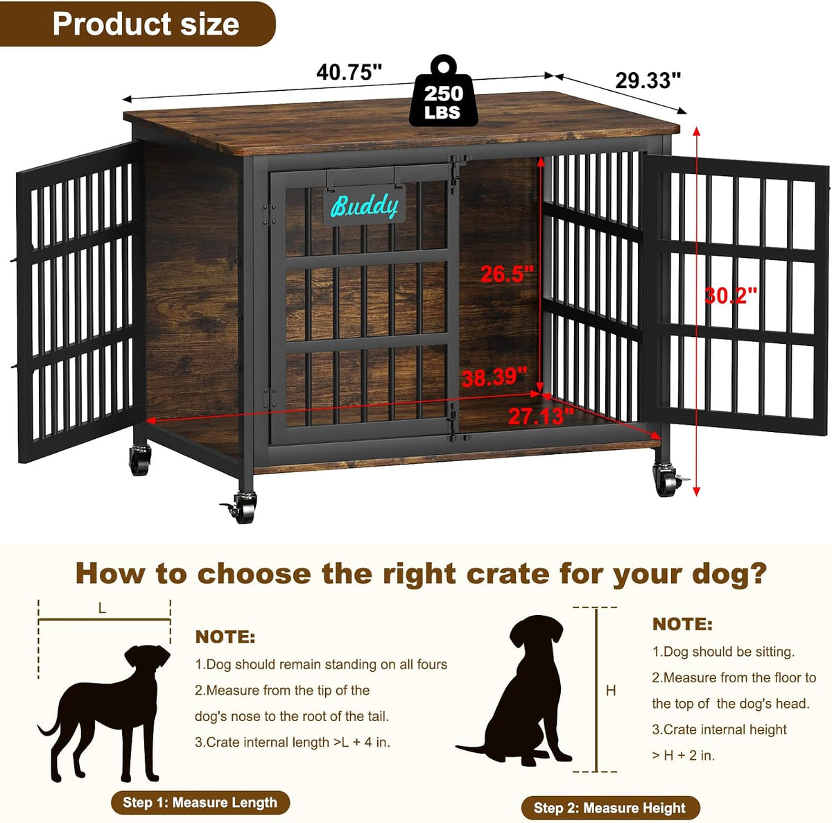 EasyCom 41''Dog Crate Furniture with Wheels, Dog Cage for Medium Dogs DC103