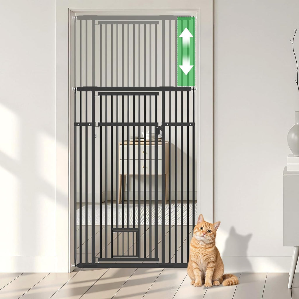 54"-87" Height Adjustable Extra Tall Cat Gate for Doorway, 27.1"-33" Wide Pet Gate with Cat Door & Extension Kits, Press