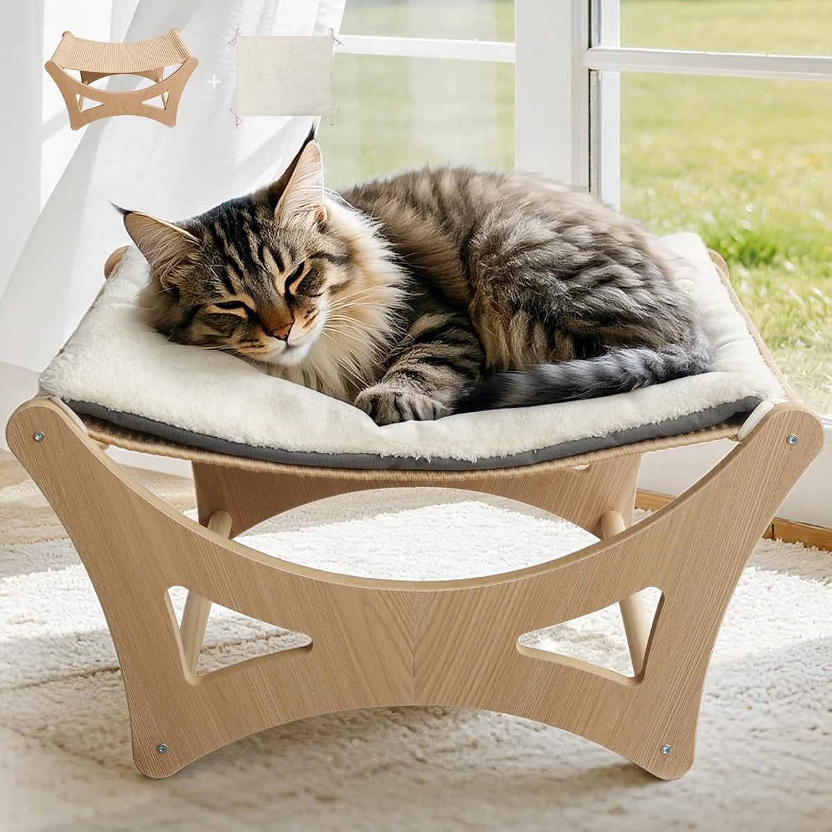 Cat Hammock Bed, Wooden Elevated Cat Beds with Natural Sisal Scratching Mat, Cats Scratcher Bed with Removable Soft Cush