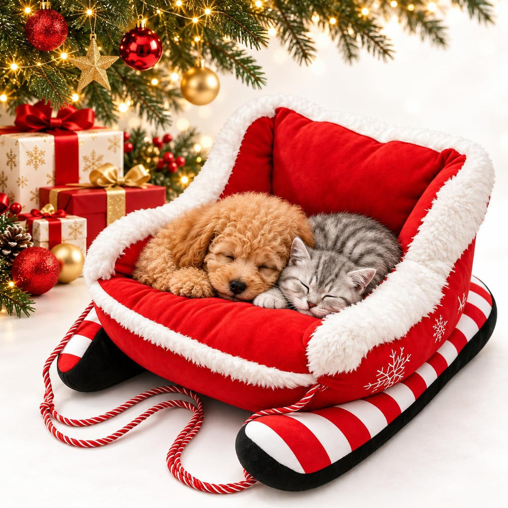 Christmas Dog Bed, Plush Santa Sleigh Sofa for Cats