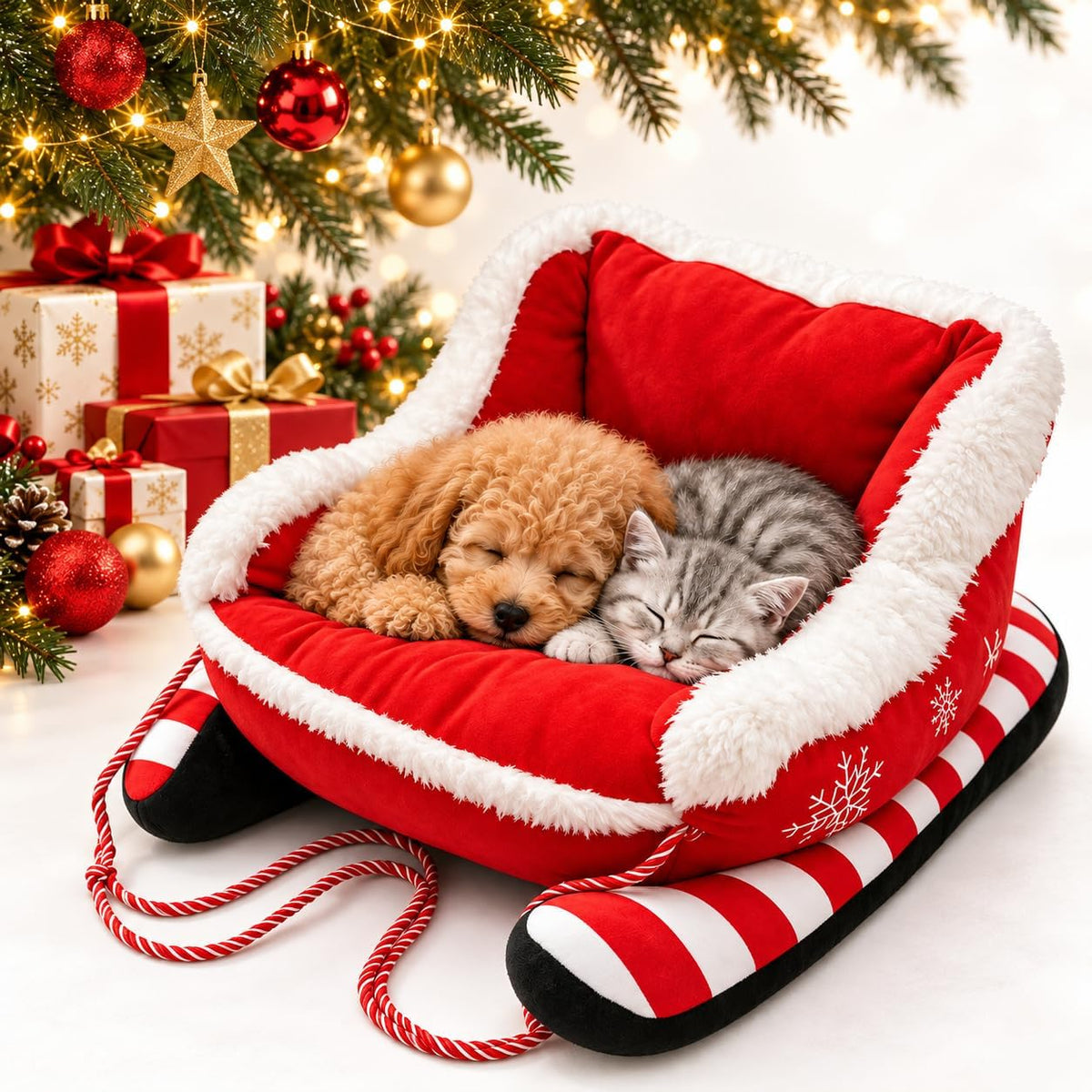 Christmas Dog Bed, Plush Santa Sleigh Sofa for Cats