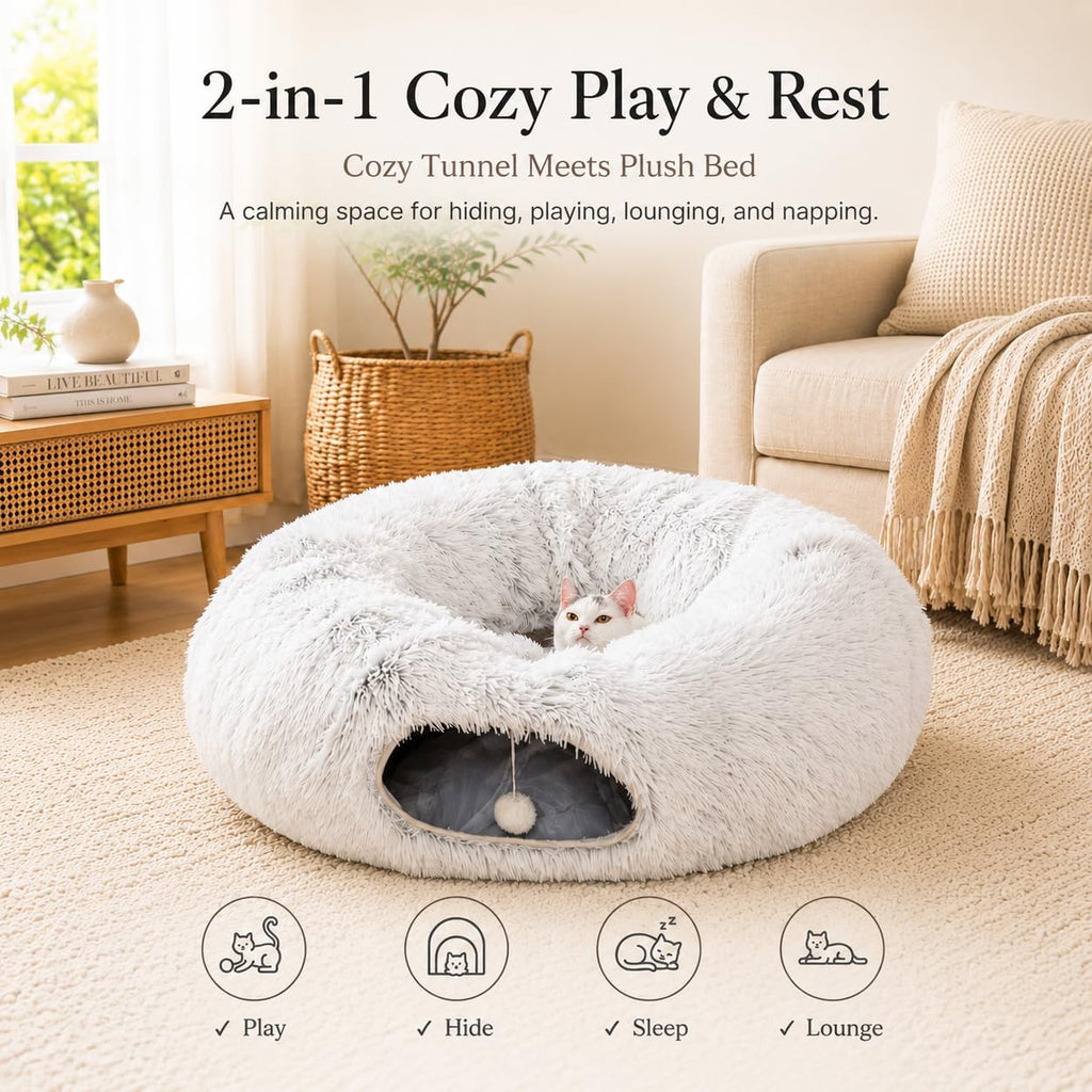 Fluffy Cat Tunnel Bed Under Christmas Tree, Plush Warm White