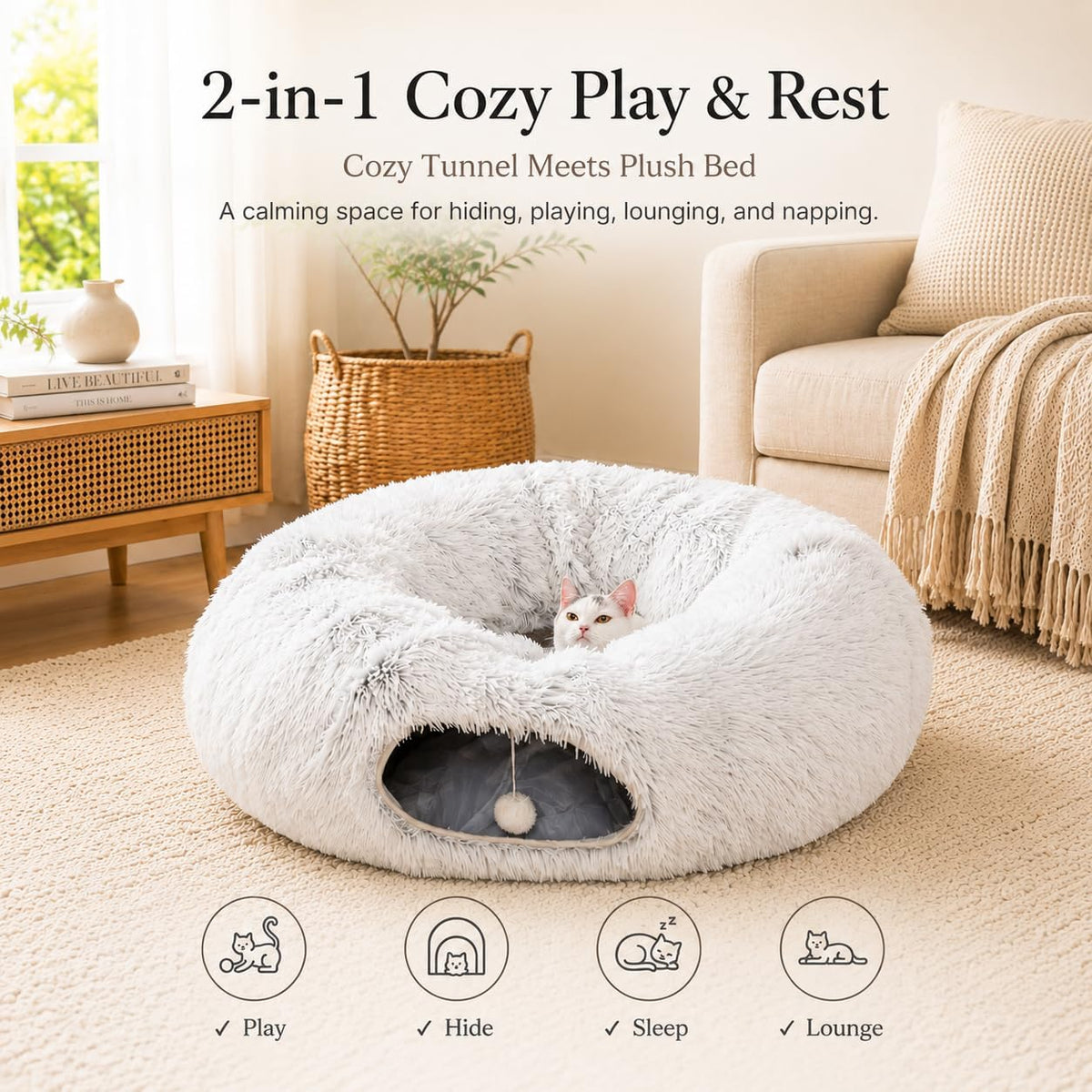 Fluffy Cat Tunnel Bed Under Christmas Tree, Plush Warm White