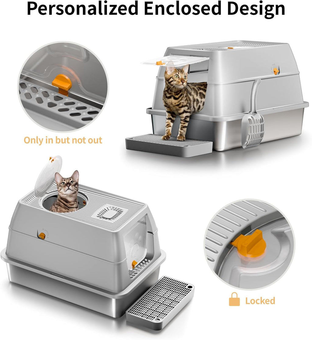 Stainless Steel Cat Litter Box with Removable Lid, XL Enclosed-Grey