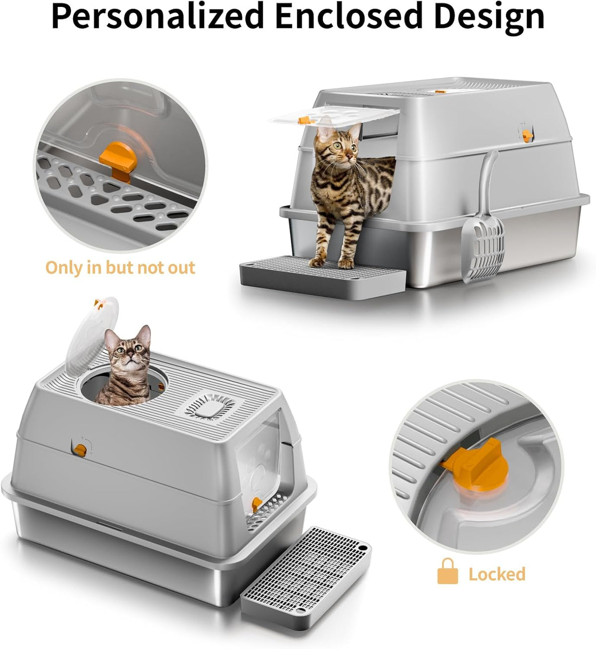Stainless Steel Cat Litter Box with Removable Lid, XL Enclosed-Grey