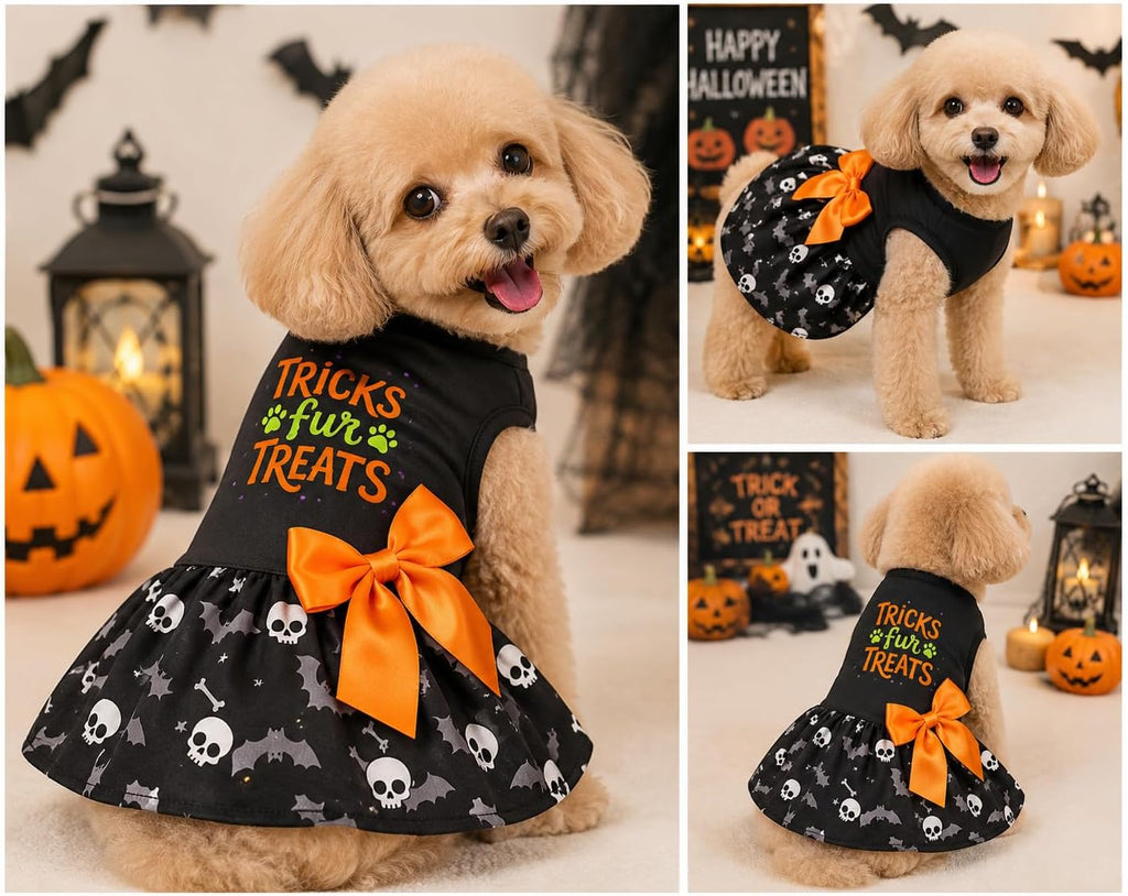 Halloween Dog Dress, Holiday Cat Cotton Outfits Skull Skirt for Small Boys and Girls Puppies Pets Doggie