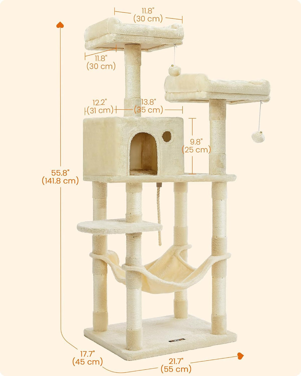 Feandrea Cat Tree, 55.8-Inch Large Cat Tower, Multi-Level Condo, Beige