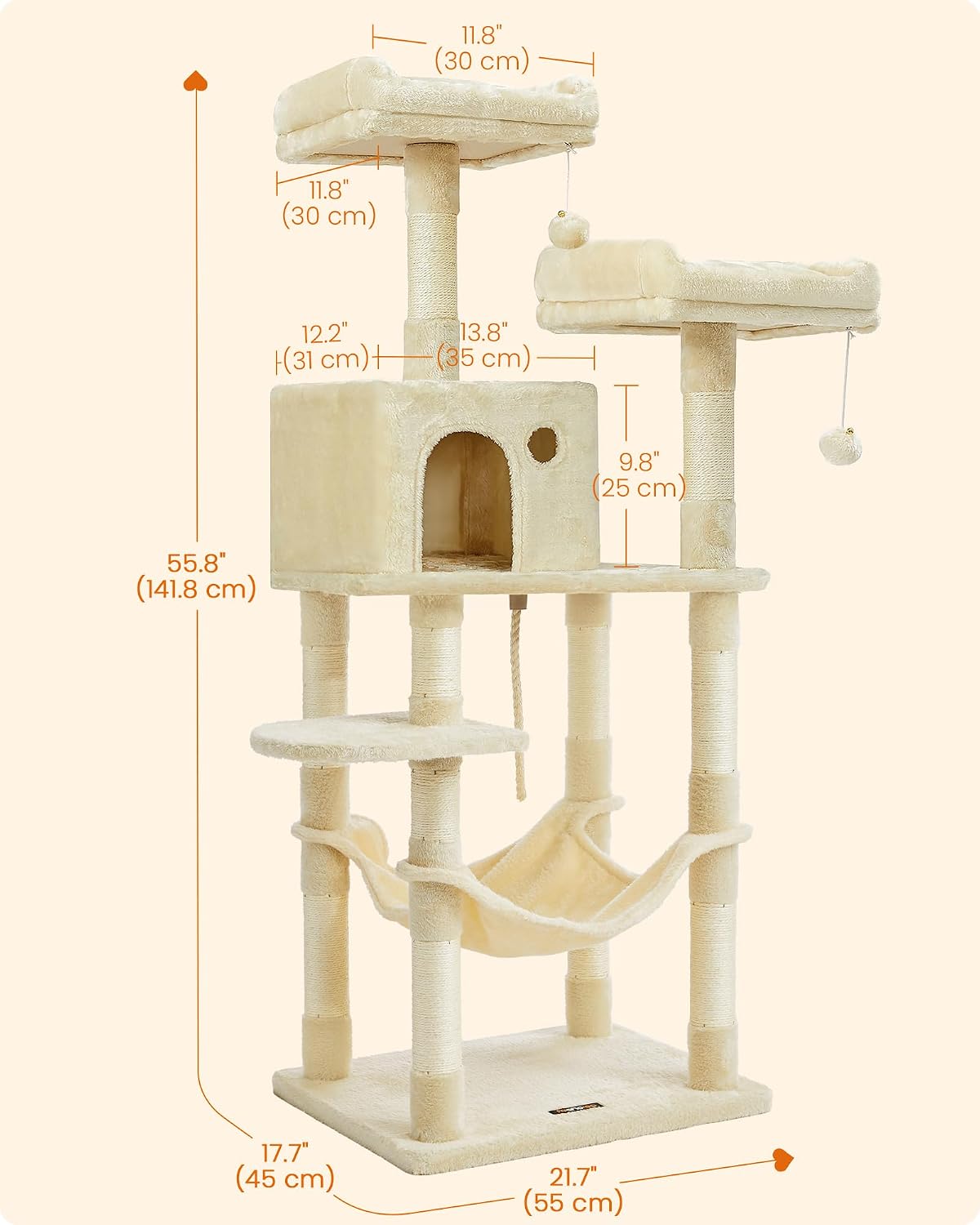 Feandrea Cat Tree, 55.8-Inch Large Cat Tower, Multi-Level Condo, Beige