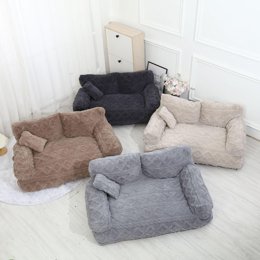 Pet Sofa Dog Cat Plush Calming Pet Sofa Bed for Indoor (Khaki, Small)