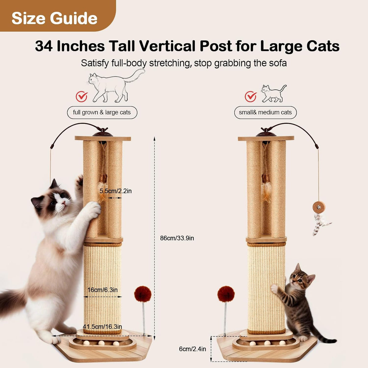 Odoland 34 Inch Cat Scratching Post for Multi Cats with 4 Interactive Toys