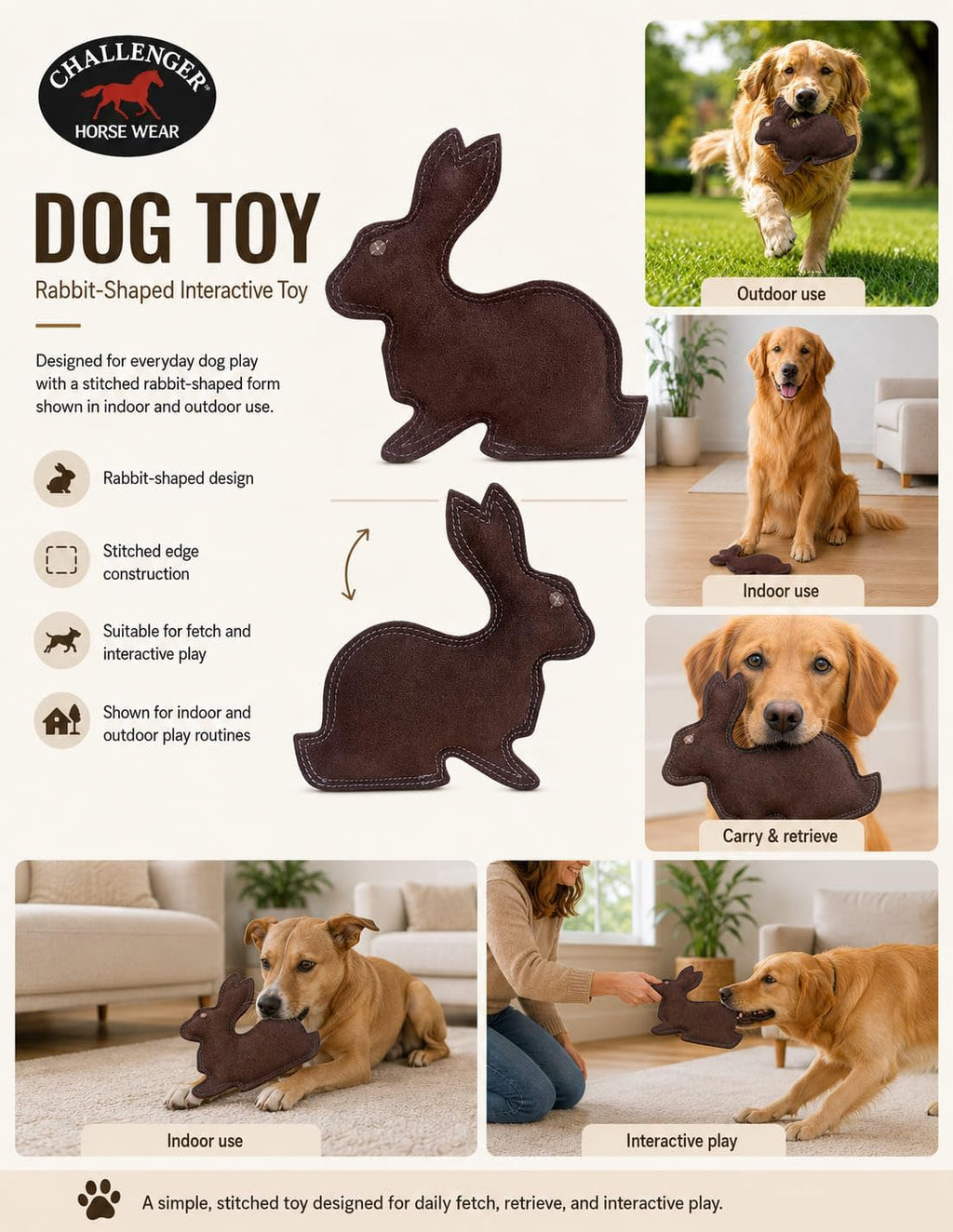CHALLENGER Prairie Jackrabbit Suede Leather Dog Toy Brown Western Pet Toy 64RS02BR