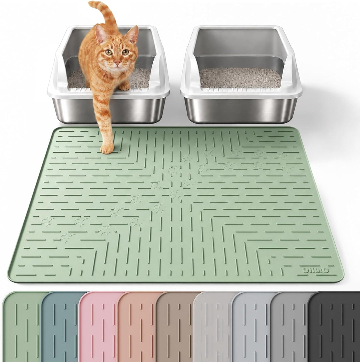 OHMO Large Cat Litter Mat, 31.5x23.6" Silicone Trapping Mat Sage Green