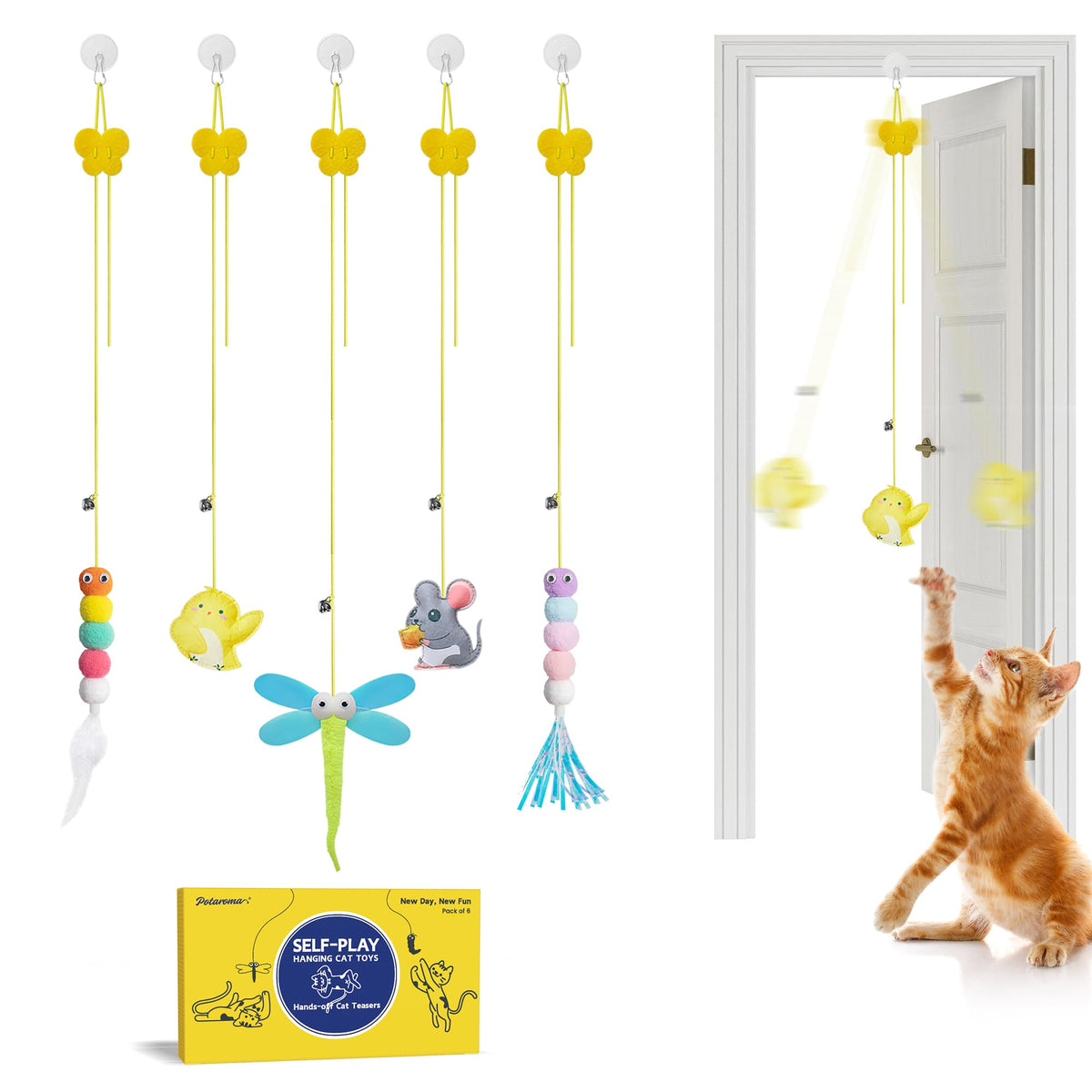 Potaroma Interactive Cat Feather Toys 5 Pcs, Cat Teaser Retractable Hanging Indoor Kitten Play Chase Exercise, Mental Physical Stimulation for All Breeds and Species