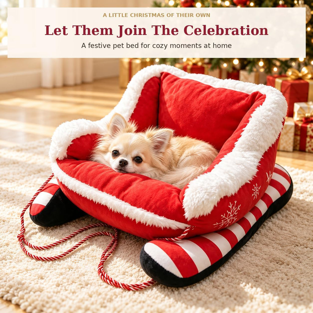 Christmas Dog Bed, Plush Santa Sleigh Sofa for Cats