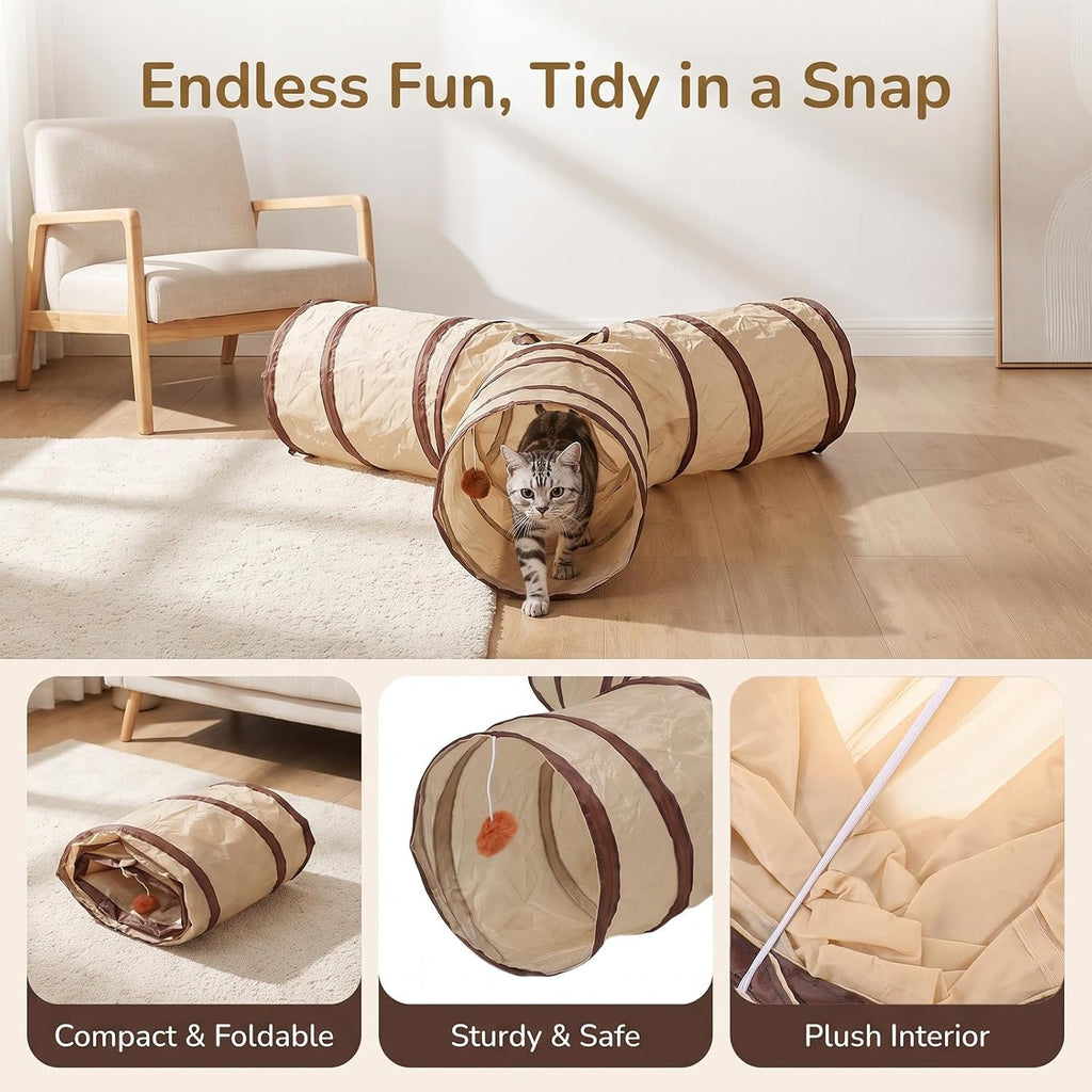 Collapsible Cat Play Tunnel Toy 3 Way 4 Hole Beige Polyester