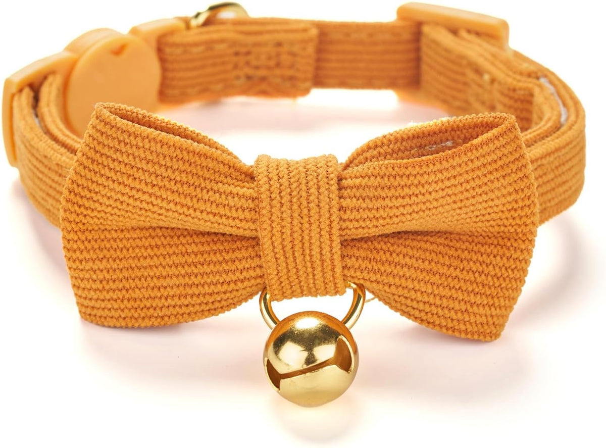 Breakaway Cat Collar with Bow Tie and Bell Adjustable Soft Corduroy Pink Kitten Collars for Girl Cats