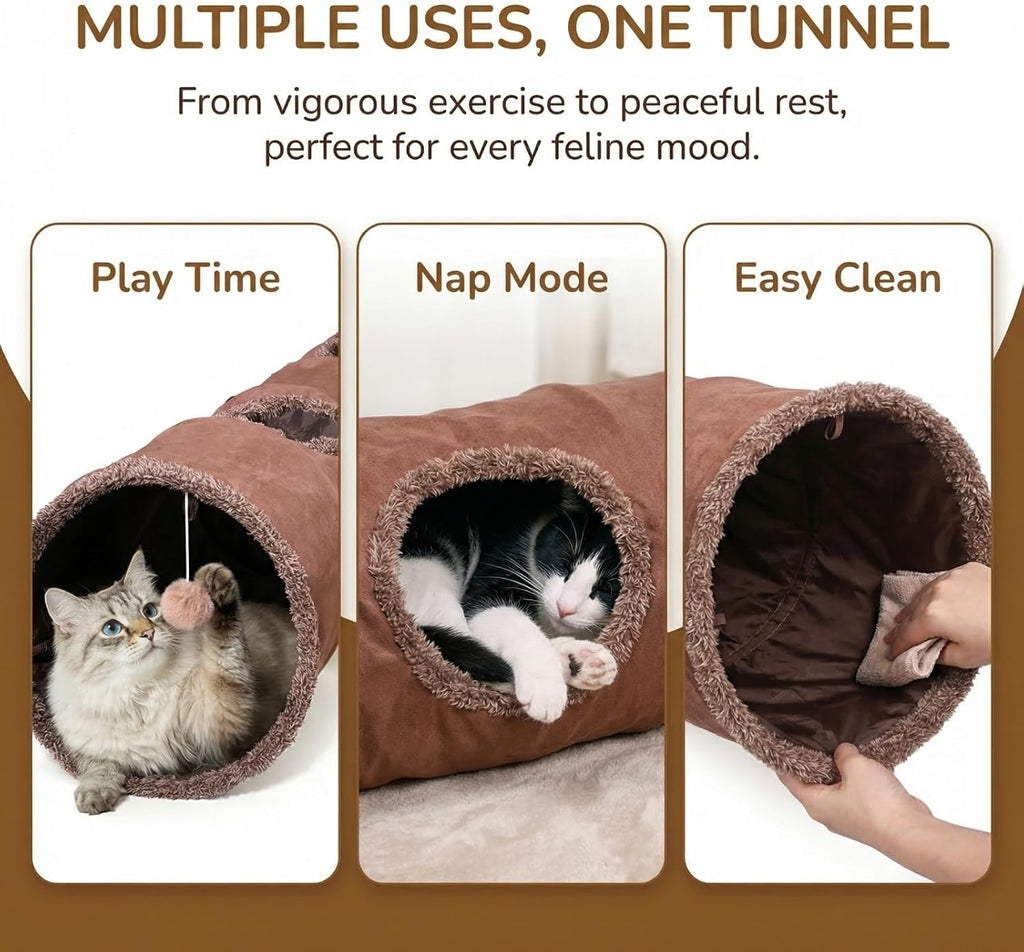 51"x 12" Collasiple Cat Play Tunnel, Cats Tubes and Tunnels, Cat Foldable Hide and Seek Tunnel Toy, Brown Suede Pet Tube
