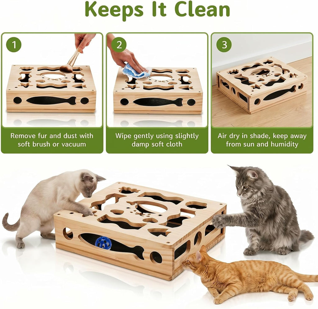 Cat Nail File Scratcher Box, 4-in-1 Interactive Wooden Scratch Puzzle Toy