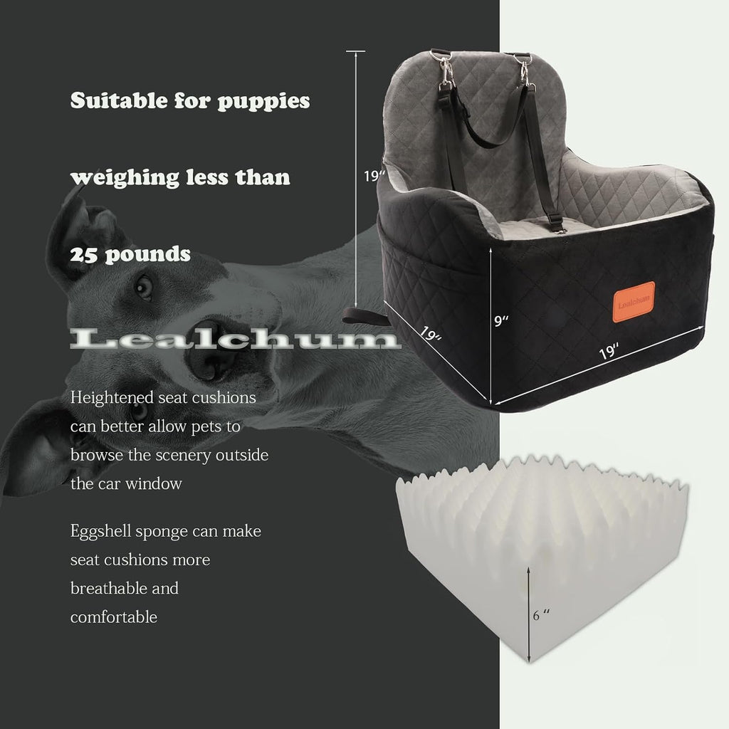 Lealchum Dog Booster Car Seat for Small/Medium Dogs,6in Memory Foam Elevated Cushion,Fully Detachable and Washable,2 Cli