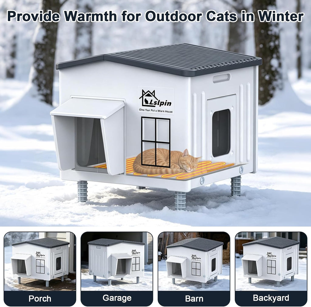 Heated Cat House for Outside Cats in Winter, Indestructible Heated Outdoor Cat House Weatherproof with Elevated Feet & E
