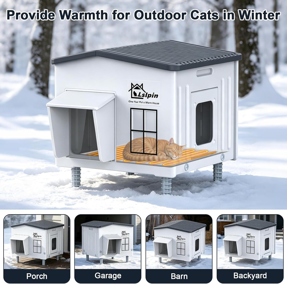 Heated Cat House for Outside Cats in Winter, Indestructible Heated Outdoor Cat House Weatherproof with Elevated Feet & E